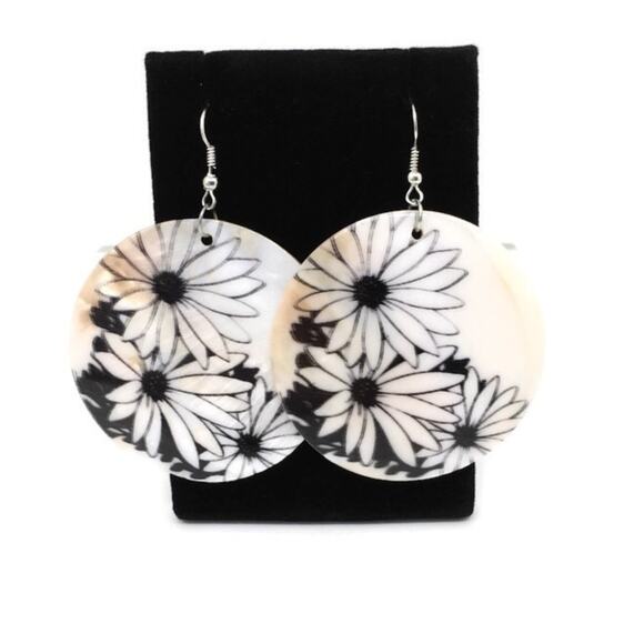 Painted Seashell Statement Earrings Black and White Floral Fishhook Round - Picture 1 of 6